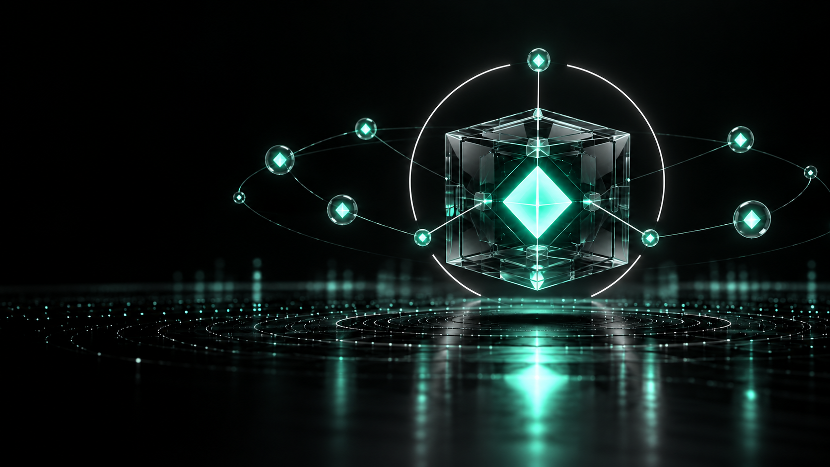 A glass vault with a glowing mint core connected to orbiting community nodes